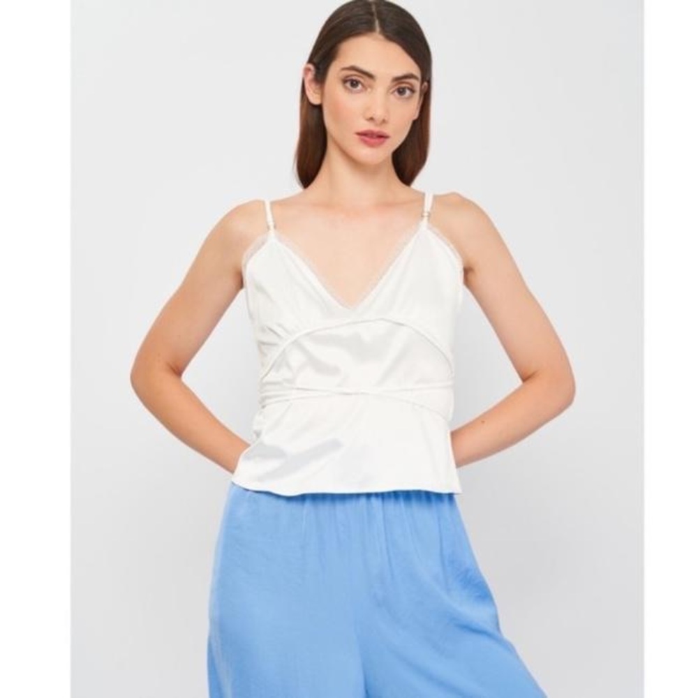 NWT Zara White Lace Trim Tie Up Satin Camisole Bloggers Large Tank Top/Cami